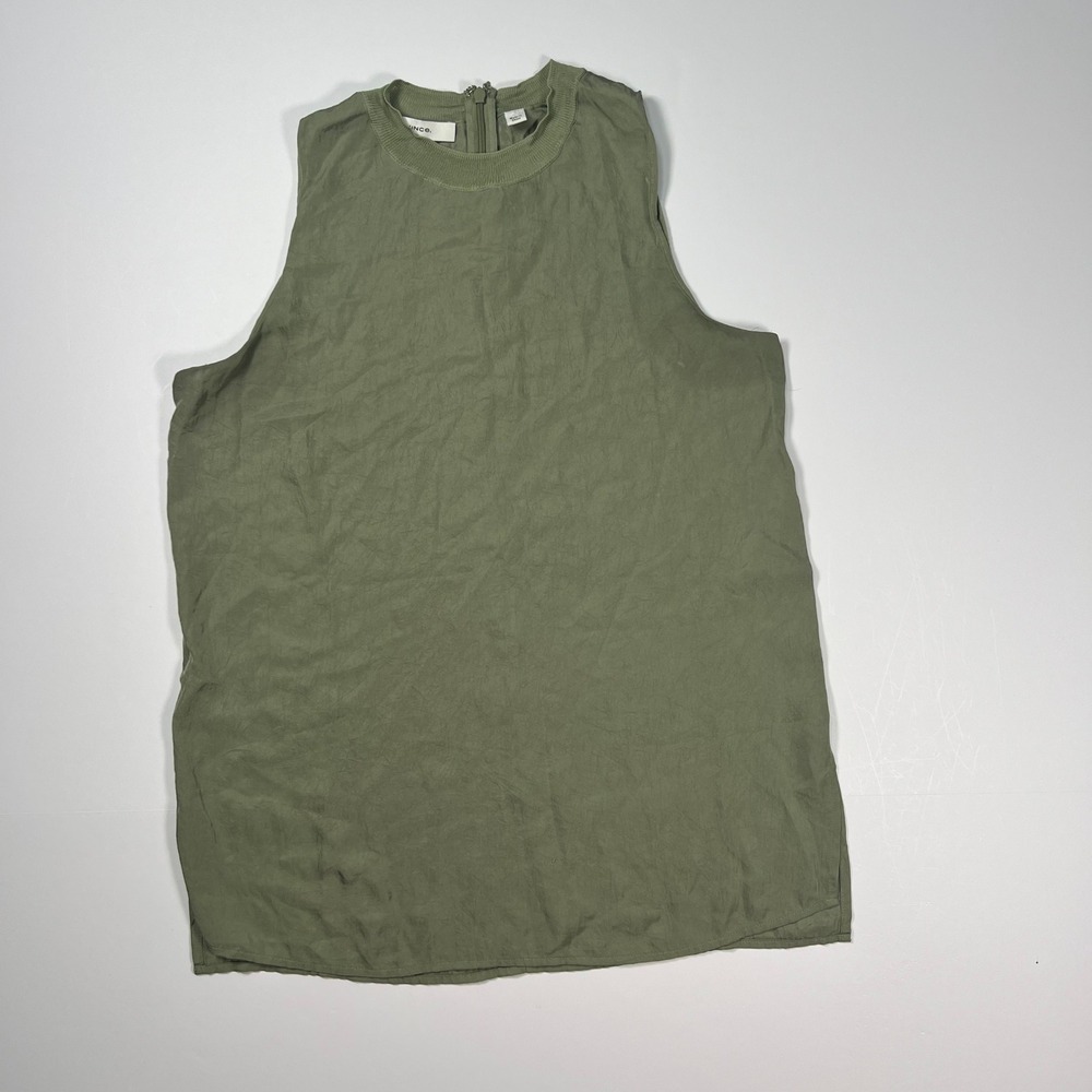 Vince Triacetate Textured Sheer Trim Sleeveless Blouse Small Olive Green